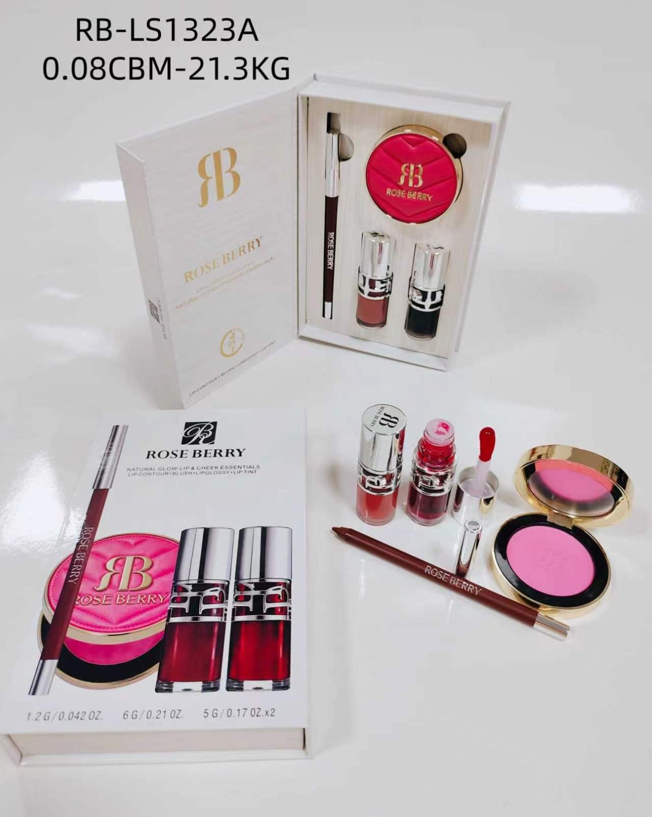 Rose Berry Lip Contour+Blush+Lipglossy+Lip Tint Set - Shade A