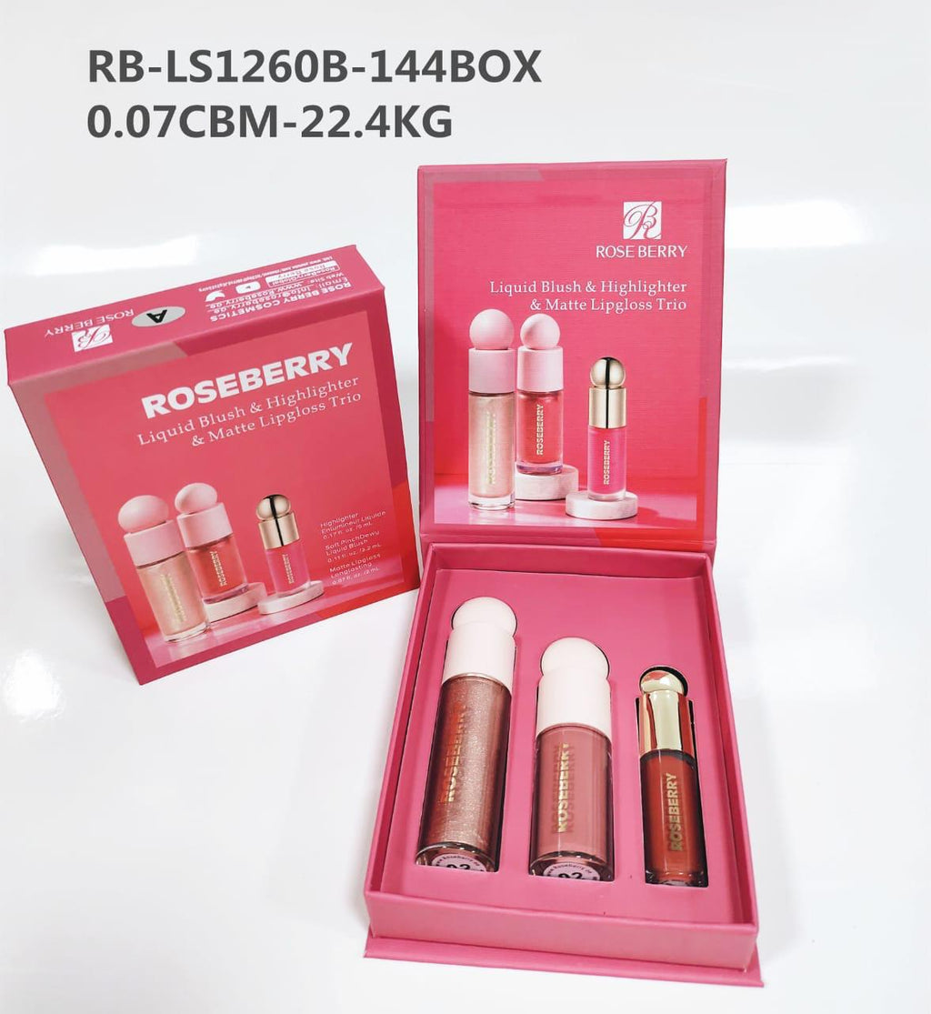Rose Berry Liquid Blush Highlighter Matte Lipgloss Trio - Set B
