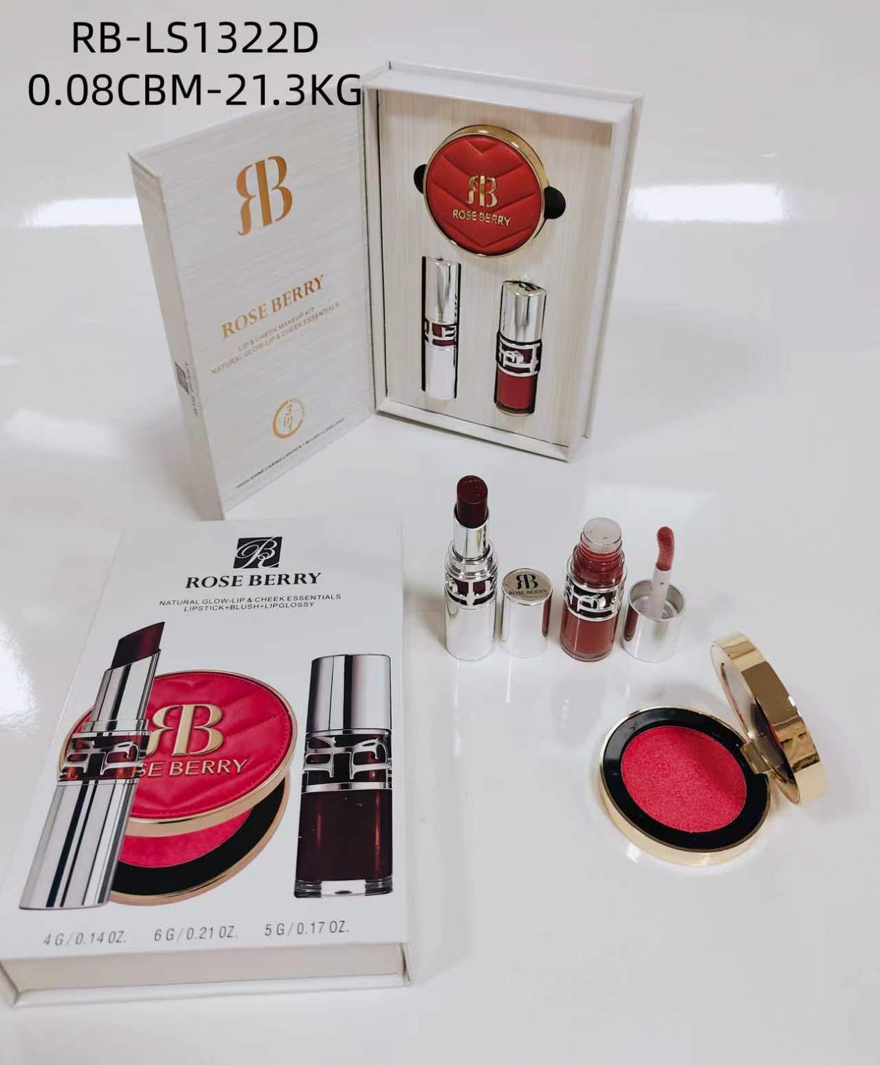 Rose Berry Lipstick+Blush+Lipgloss Set - Shade D