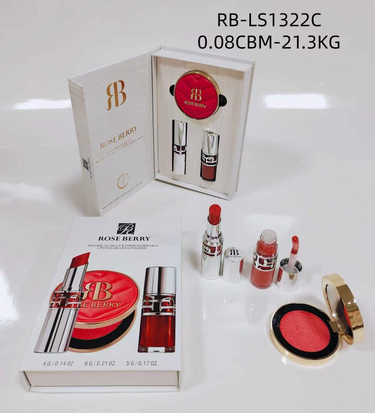 Rose Berry Lipstick+Blush+Lipgloss Set - Shade C