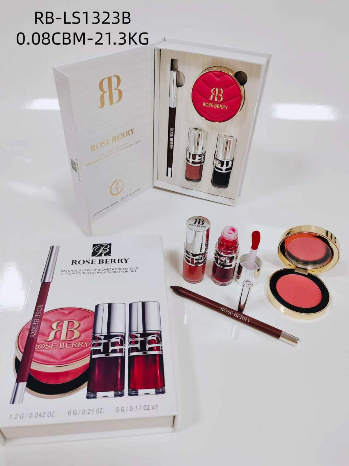 Rose Berry Lip Contour+Blush+Lipglossy+Lip Tint Set - Shade B