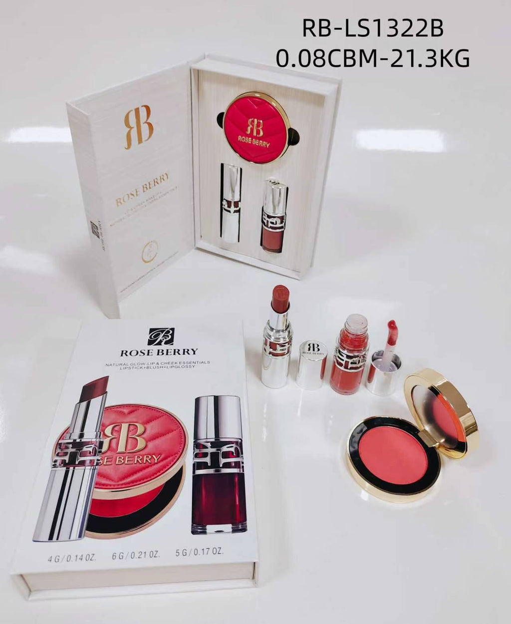 Rose Berry Lipstick+Blush+Lipgloss Set - Shade B