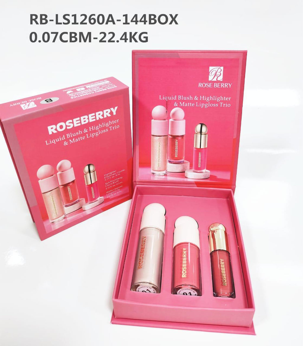 Rose Berry Liquid Blush Highlighter Matte Lipgloss Trio - Set A